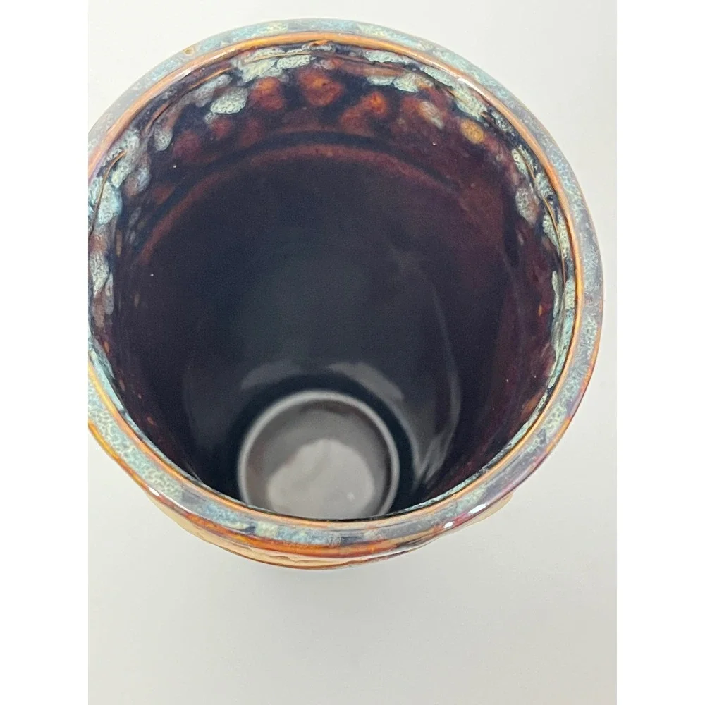 Unbranded Elephant Relief Ceramic Vase OS Blue Brown Mottled‎ Glaze Boho Decor